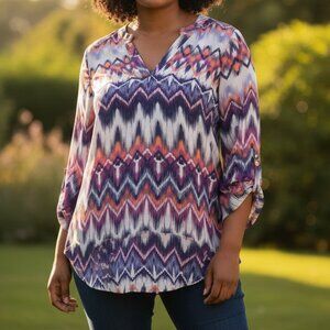 RILEY+JAMES | Multi-Color Aztec Pattern V-Neck Casual Blouse